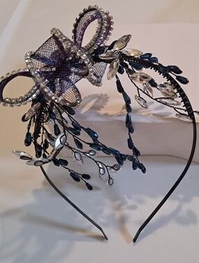 Goth Bride Headband Purple Mesh Crystal Blue-Black Rhinestones